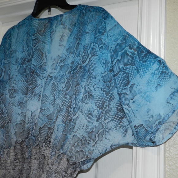 Animal Print Peplum Top Semi Sheer Blue Brown - Picture 3 of 9
